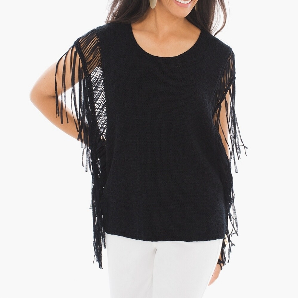 CHICOS black open knit sweater top fringe sleeveless S/M